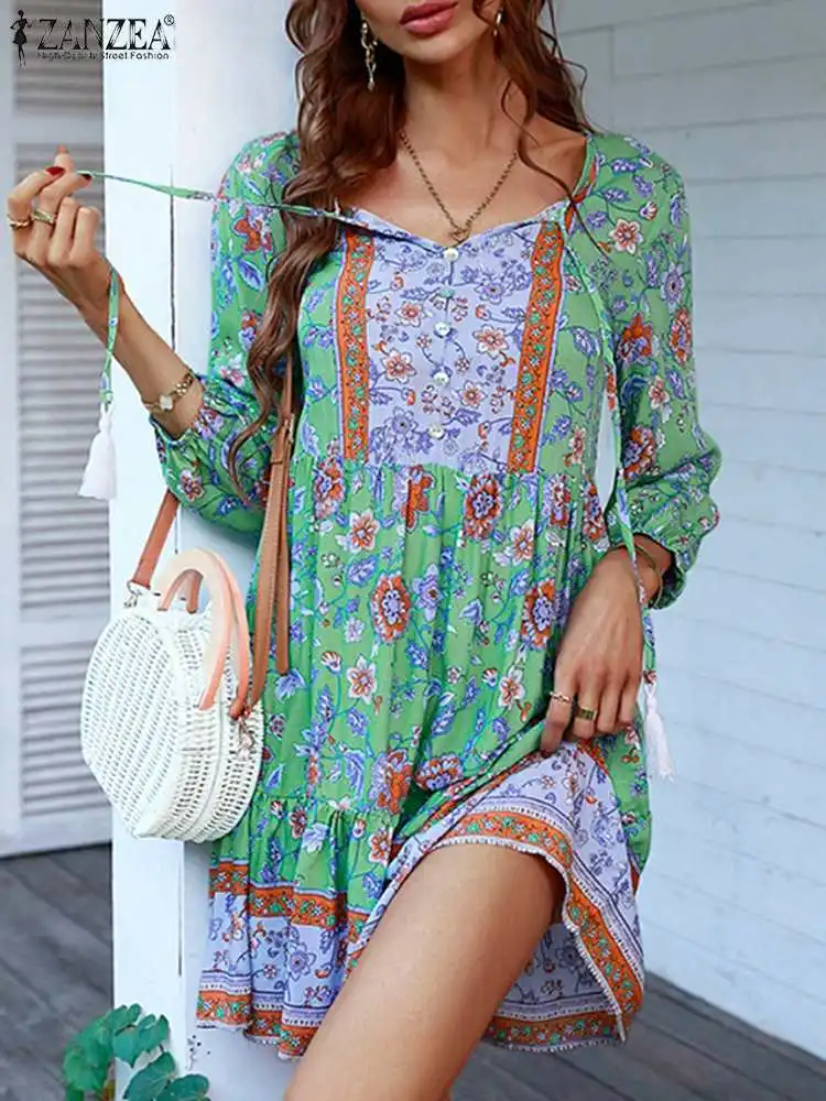 

ZANZEA Elegant Tassel Robes Summer Ruffled Hem Mini Dress Holiday Floral Print Vestidos Women Bohemian Vintage Casual Sundress