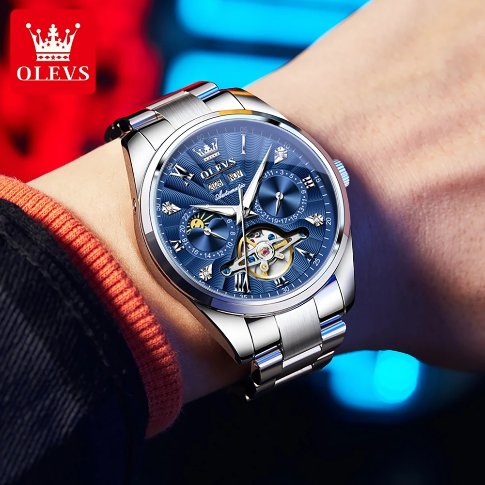 OLEVS 7028 Men Automatic Watch Top Brand Hollow Moon Phase Mechanical Watch For Men Auto Date Original Luxury Men's Wristwatch