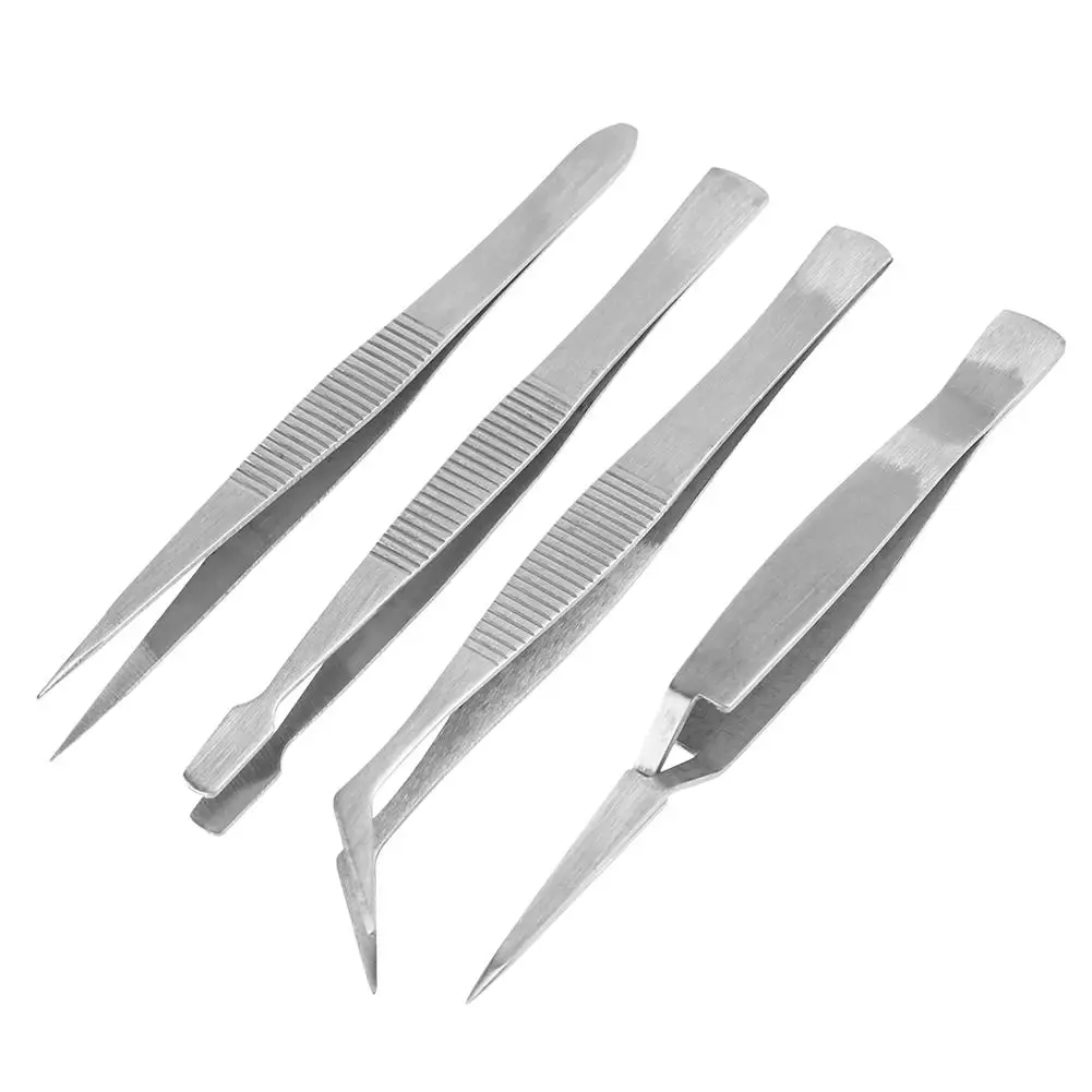 4pcs Stainless Steel Tweezers Professional Tweezers Pointed Elbow Flat Cross Craft Kraft Hobbies