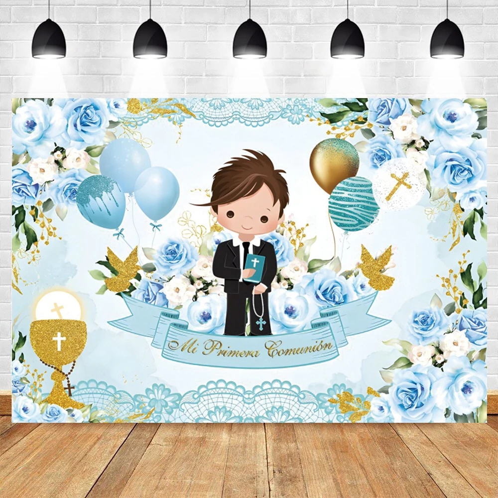 First Holy Communion Backdrop Girl Boy Baptism Party Flower Cross God Bless Baby Shower Photography Background Photo Studio Prop
