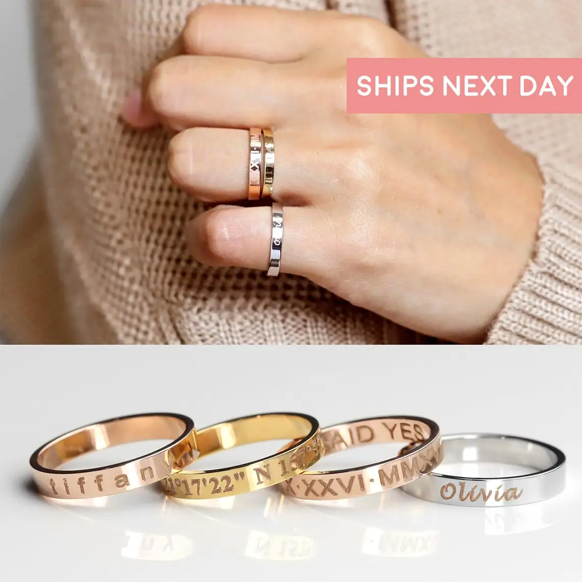

8 rings Personalized Stacking Ring Custom Engraved Name Coordinate Initial Ring Stackable Gold Ring Mothers Jewelry