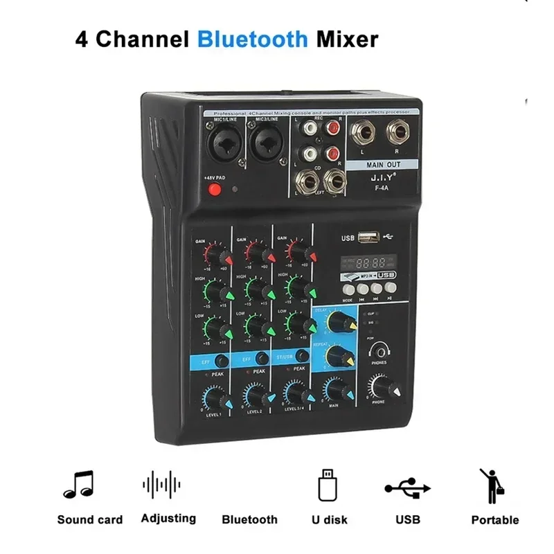 

Portable Audio 4 Channel Sound Mixer Professional DJ Console Computer Input 48 Power Bluetooth Or USB Play Live Broadcast Stage