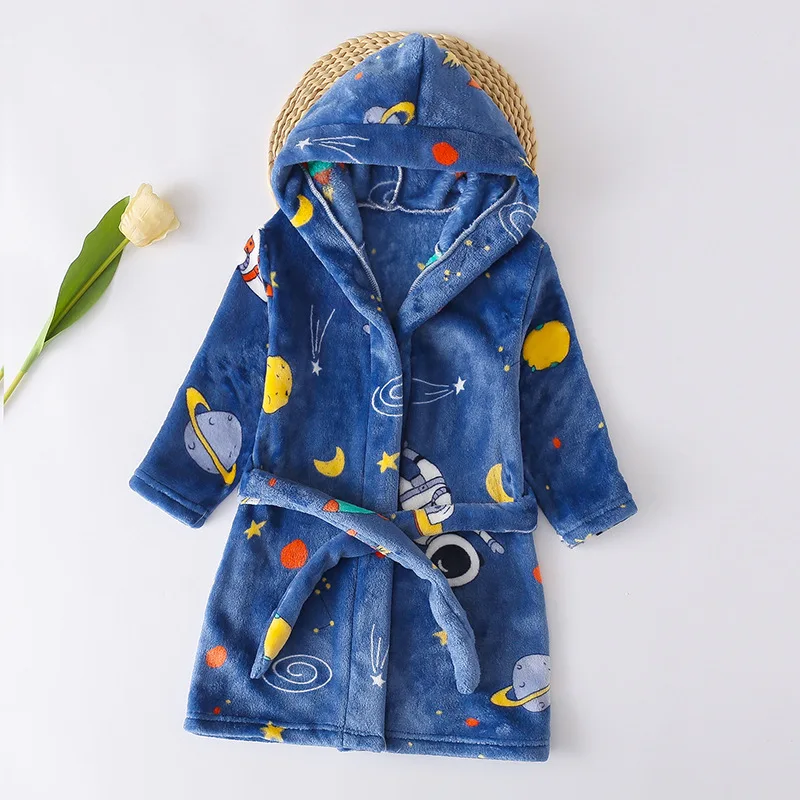 Children Flannel Pajamas Thickened Warm Bathrobe Boy Robe Cartoon Hooded Girls Long-Sleeved Nightwear Sleepwear