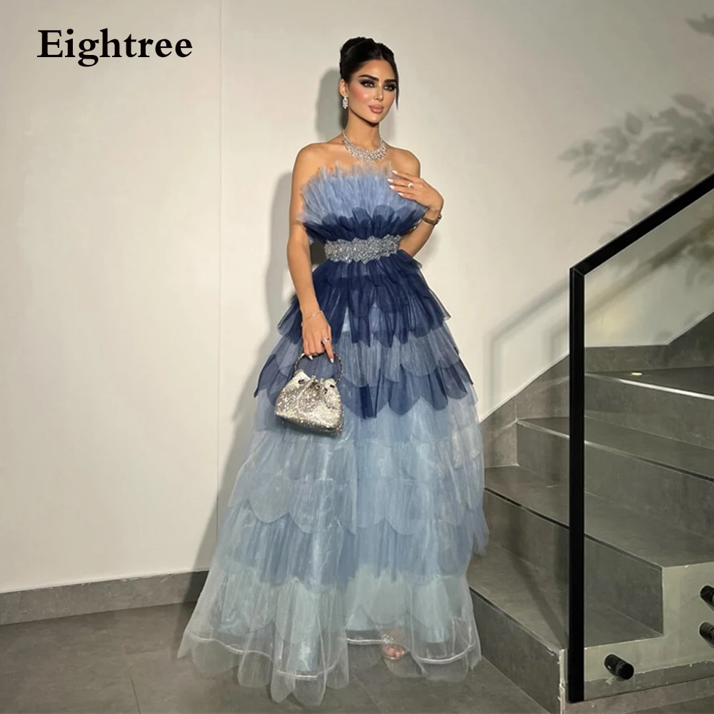 

Eightree Classy Gradient Blue Ruffles Tiered A Line Formal Evening Dresses Strapless Pleats Special Occastion Gowns Arabic Women