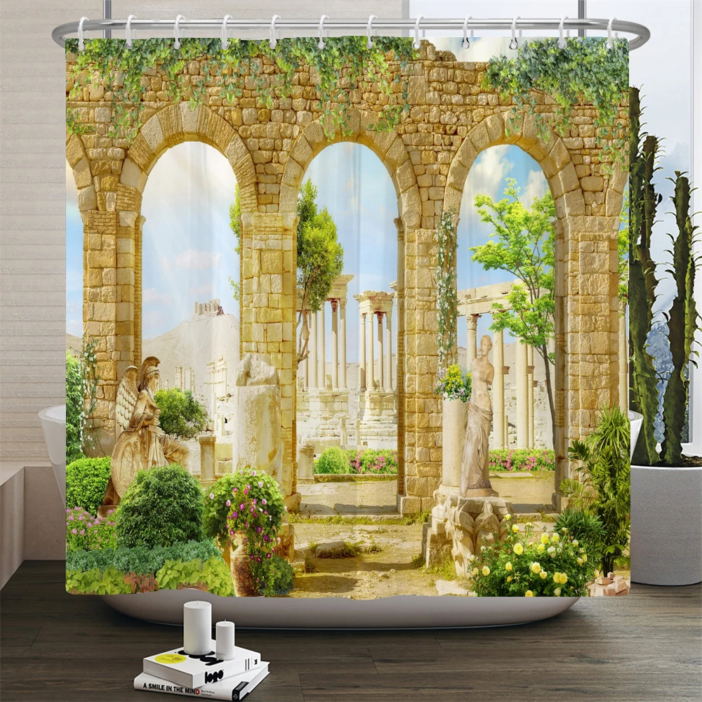 Rideau de douche de style marocain 3d, rideau de salle de bains en Polyester imperméable imprimé de paysage Architectural européen avec crochets