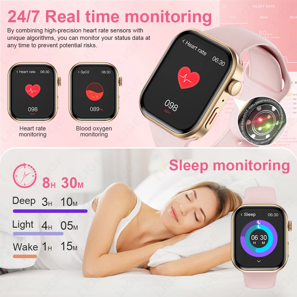 LIGE 울트라 스마트 워치 3 스트랩 남성 여성 AMOLED 심박수 블루투스 통화 스포츠 피트니스 방수 스마트워치 IOS 안드로이드용