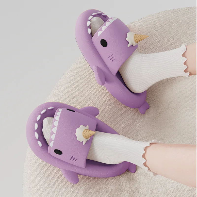 2024 Cute Panda DIY Shark Slippers Women Men Summer Platform Shoes Night Glowing Lantern DIY Couples Indoor Shower Beach Slides 4