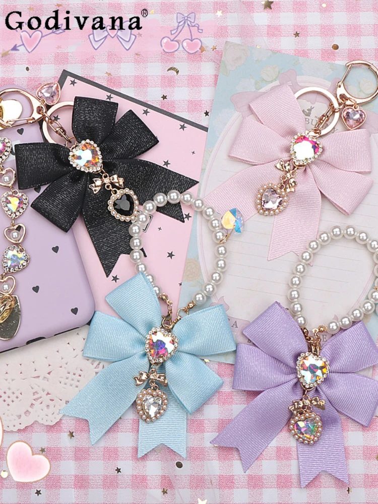 Japanese Style Sweet Cute Bow Diamonds Women's Luggage Accessories Fashion High-End Beaded Metal Decoration Handbag Pendant