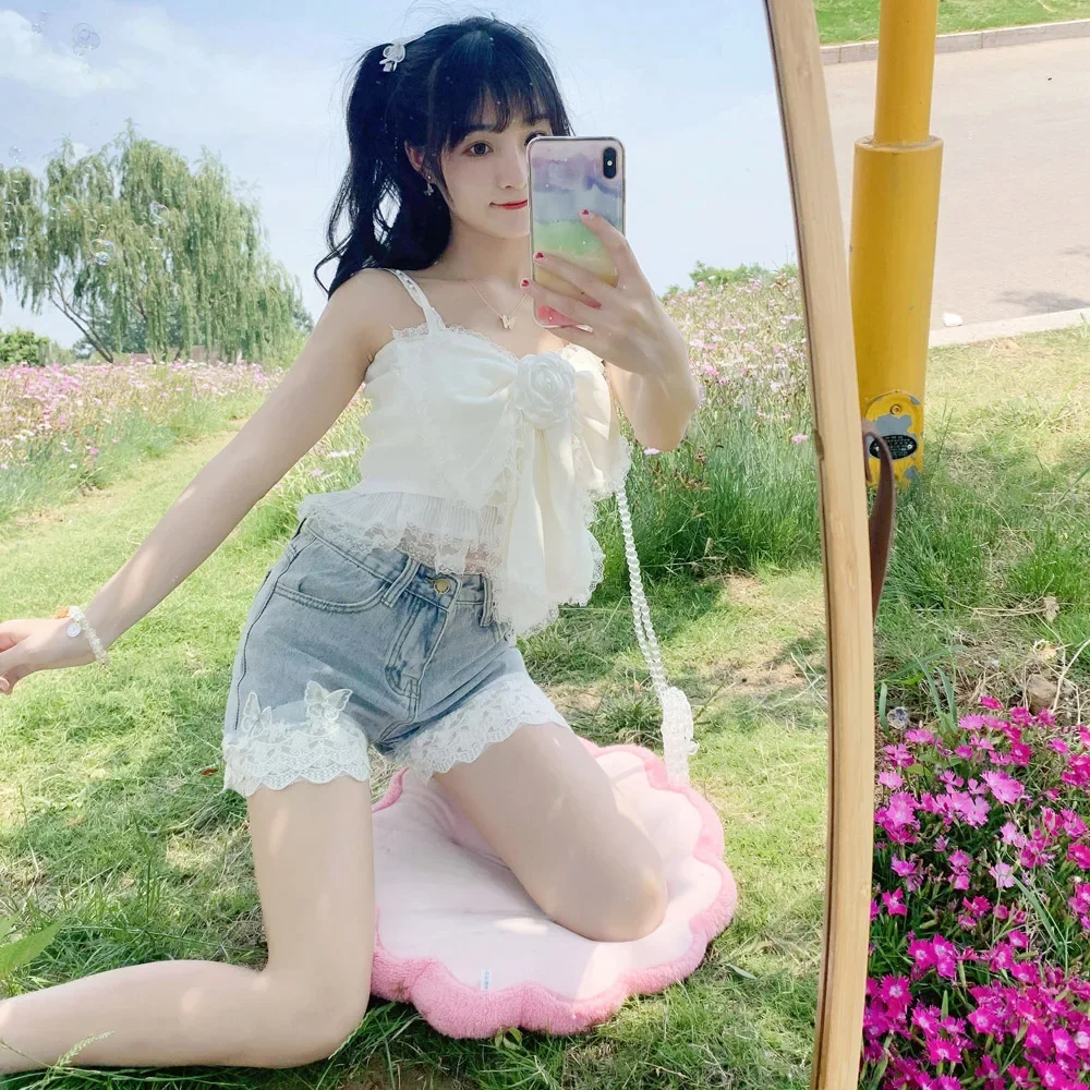 2023 Summer New Korean Style Sweet Short Pants Versatile Fashionable Slim Bow Lace Straight Denim Shorts for Students Women