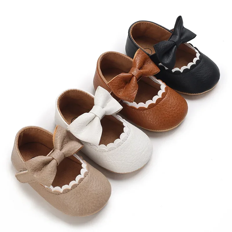 White Apricot Brown Baby Girl Princes Shoes Infant Toddler Bowknot First Walkers Non-slip Rubber PU Soft-Sole Flat Shoes E26 5