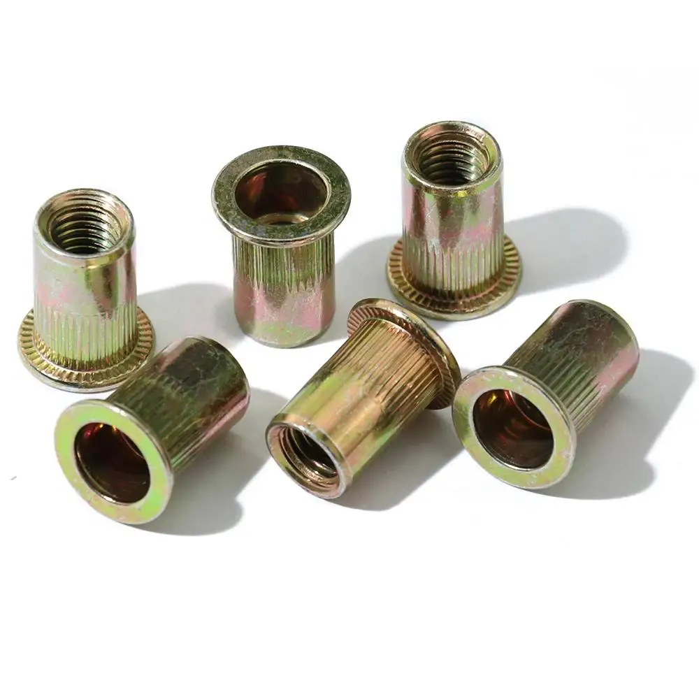 Description Picture 6 of itemZinc Plated Carbon Steel Knurled Nuts M3 M4 M5 M6 M8 M10 M12 Threaded Rivet Insert Nutsert Cap Rivet Nut Flat Head Rivnut