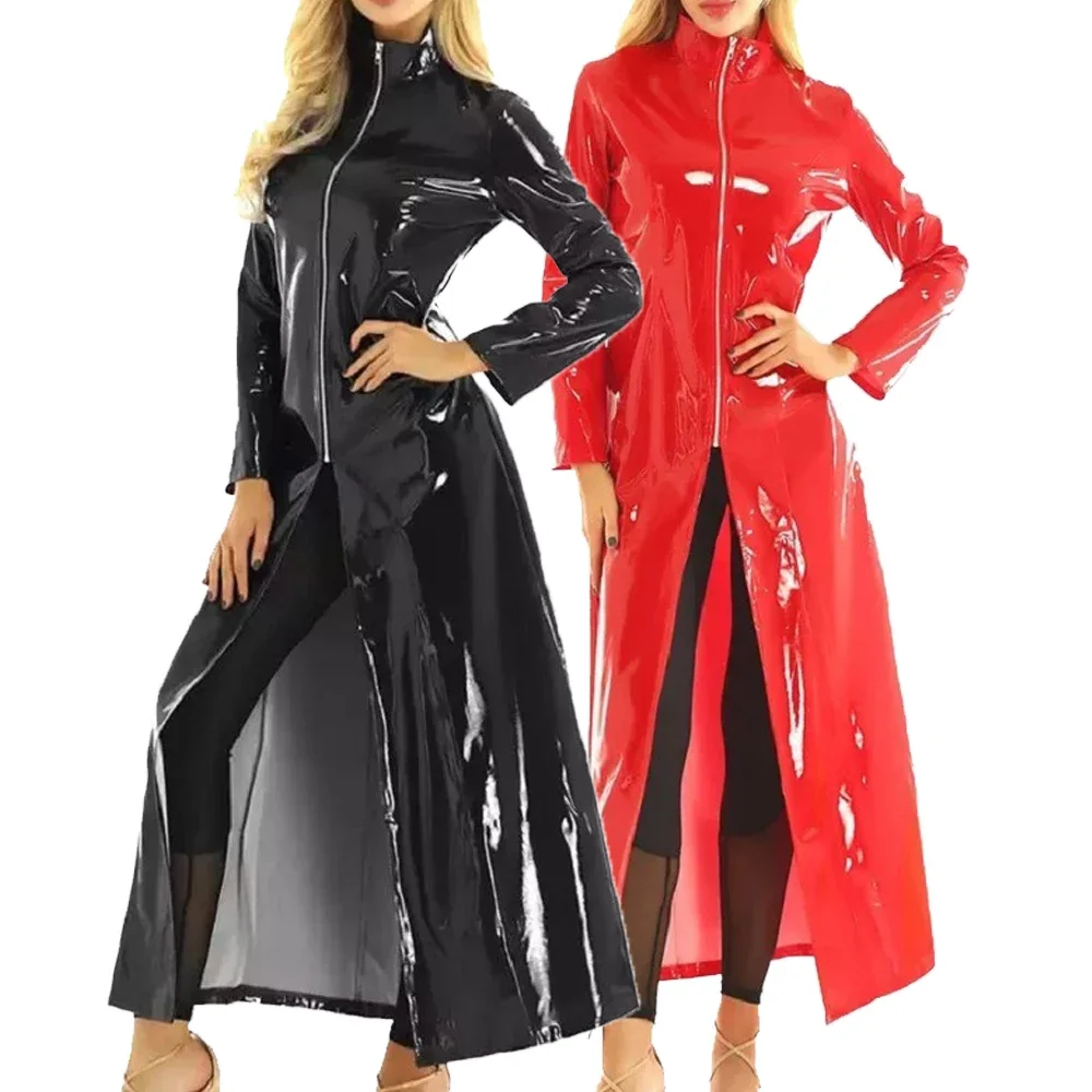 Women Sexy Latex Wetlook Leather Long Jacket Medieval Ranger Long Coat Women's Clothing Patent Leather Halloween Cosplay Costume