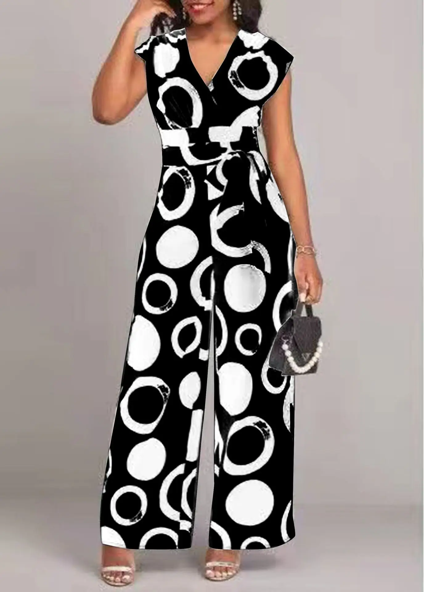 thumbnail image 1 of Mono sexy sin mangas con cuello en V para mujer, mono elegante con estampado ajustado a la moda para primavera y verano, mono de una pieza 2024, 1 of 5