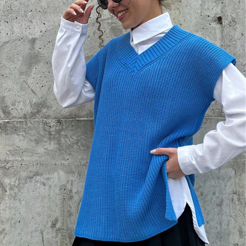

Chic Simple Women Knitted Vest V Neck Sleeveless Loose Green Sweater Warm Waistcoat Autumn Basic Pullover Elegant Streetwear