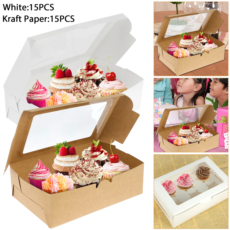 100 Pcs White Kraft Cupcake Boxes With Window - 3.7"x3.7"x4.3" | Portable Bakery Boxes With Inserts