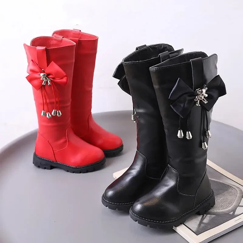 New Girl Canister Boots With Velvet High Help Bowknot Warm Shoeschildren's High Boots Parent-child 2023 Kid's Red Black Boats