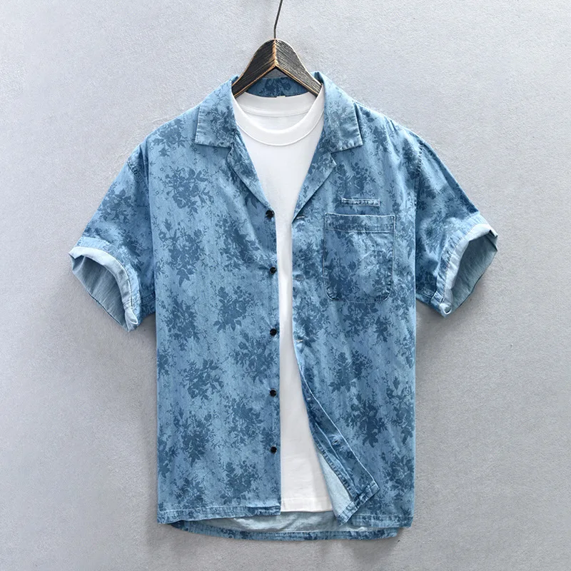 

Z945 100% Cotton Short Sleeve Shirt Men's Summer Fashion Vintage Print Loose Casual Denim Blouses Hawaii Beach Holiday Cozy Tops