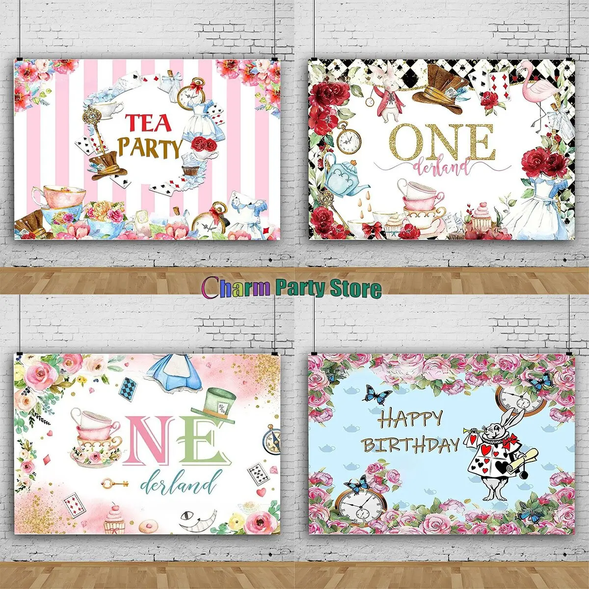 

Charm Tea Party Flower Backgrounds Princess Birthday Party Decor Card Magic Hat Girl in Wonderland Baby Shower Photo Backdrops