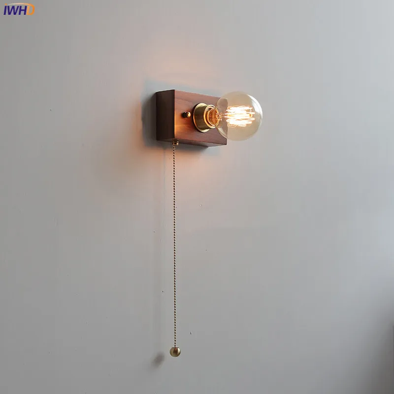 Iwhd Square Noce Wood Led Applique Da Parete Interruttore A Catena A Tirare Plug In Camera Da Letto Soggiorno Scala Accanto Alla Lampada Applique Mura