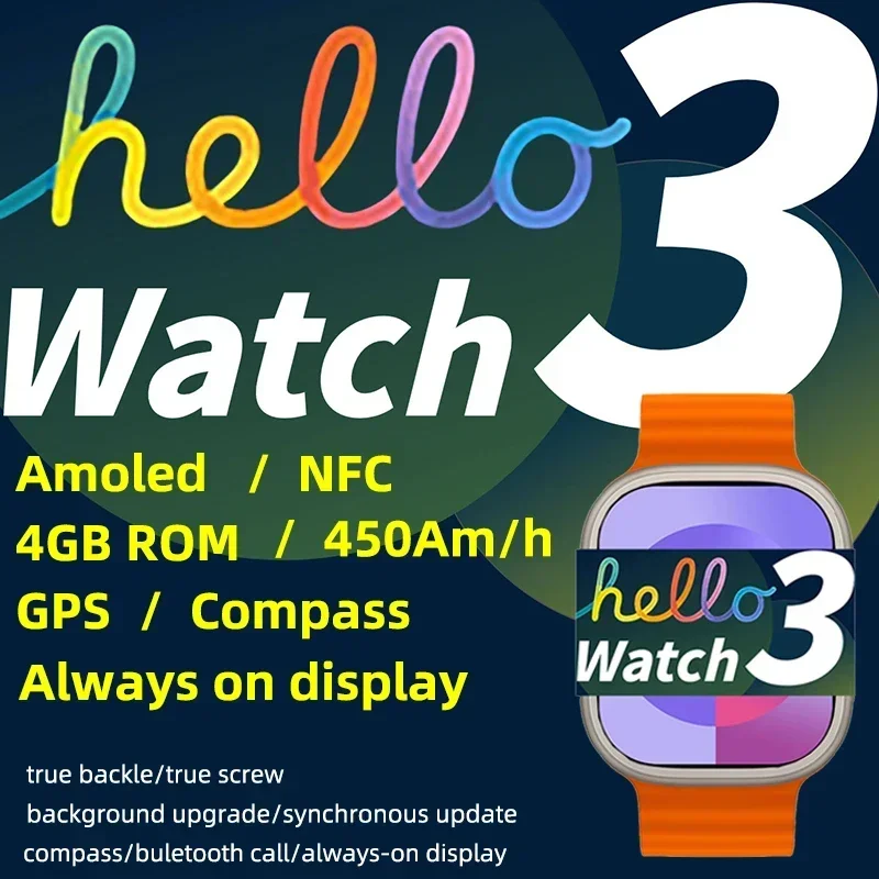 

Hello Watch 3 Plus Original AMOLED 4GB ROM NFC GPS Compass Smart Watch Bluetooth Call Local Music Fitness Tracker for Men Women