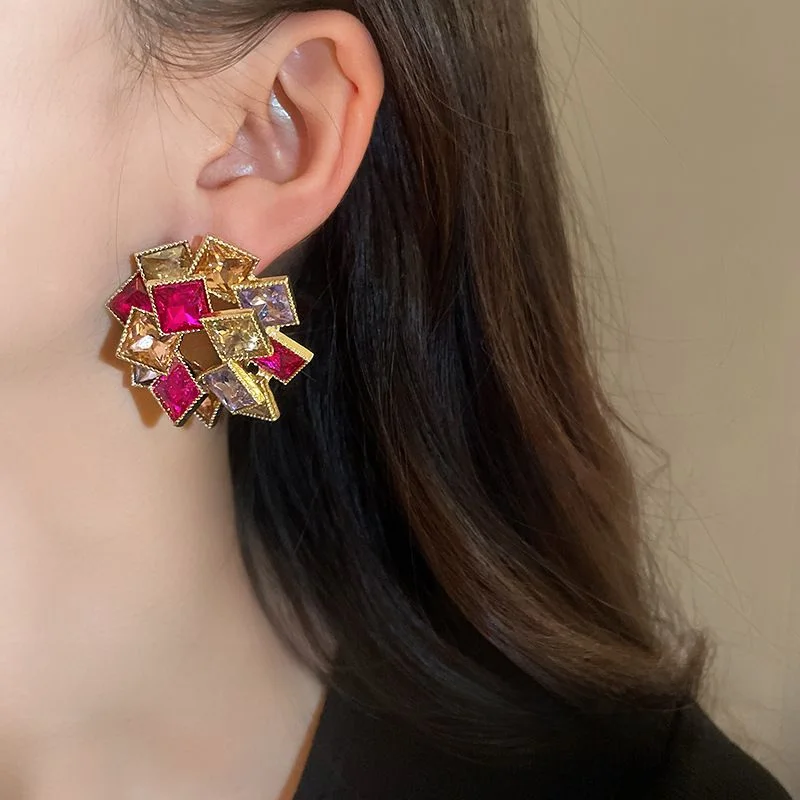 Silver Pin and Diamond Square Flower Personalized Exaggerated Design Earrings, Small Fashion Earrings, Premium Earrings_voghion.com