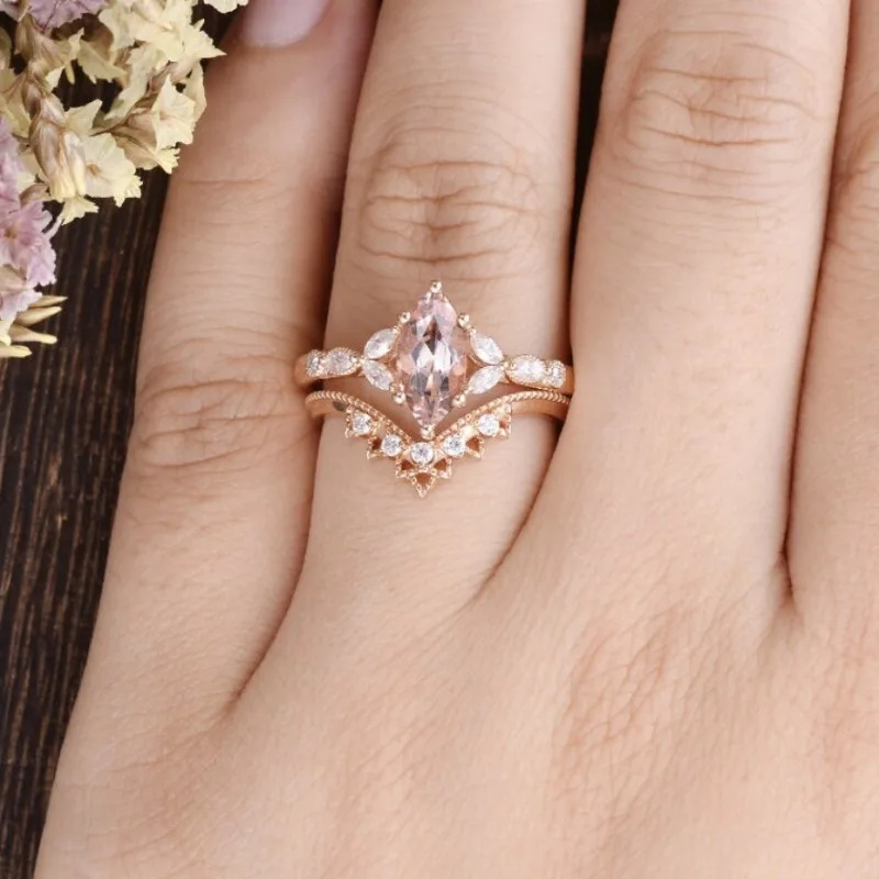 Classical Charm Rose Gold Color Oval Round Ring for Women Set Fashion Metal Inlaid Rose Gold Stones Ring Set Jewelry 3