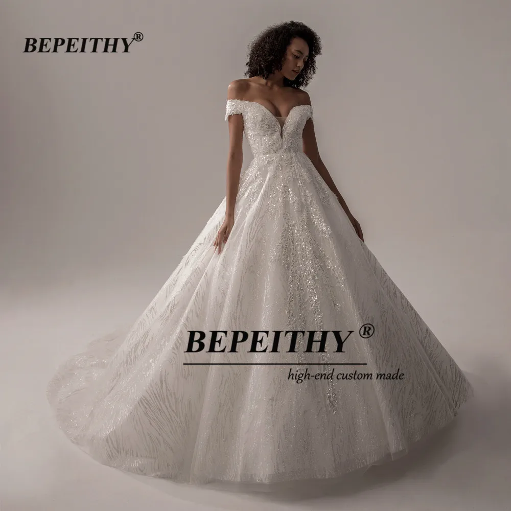 BEPEITHY Off The Shoulder Glitter Wedding Dresses For Women 2022 Ivory Dubai Bridal Dress Luxury Ball Gown For Bride New 2