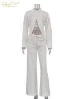 Clacive Fashion Loose White Linen Women's Two Pieces Set 2024 Elegant Long Sleeve Shirt With Mid Waist Wide Pants Set Streetwear - Image 5