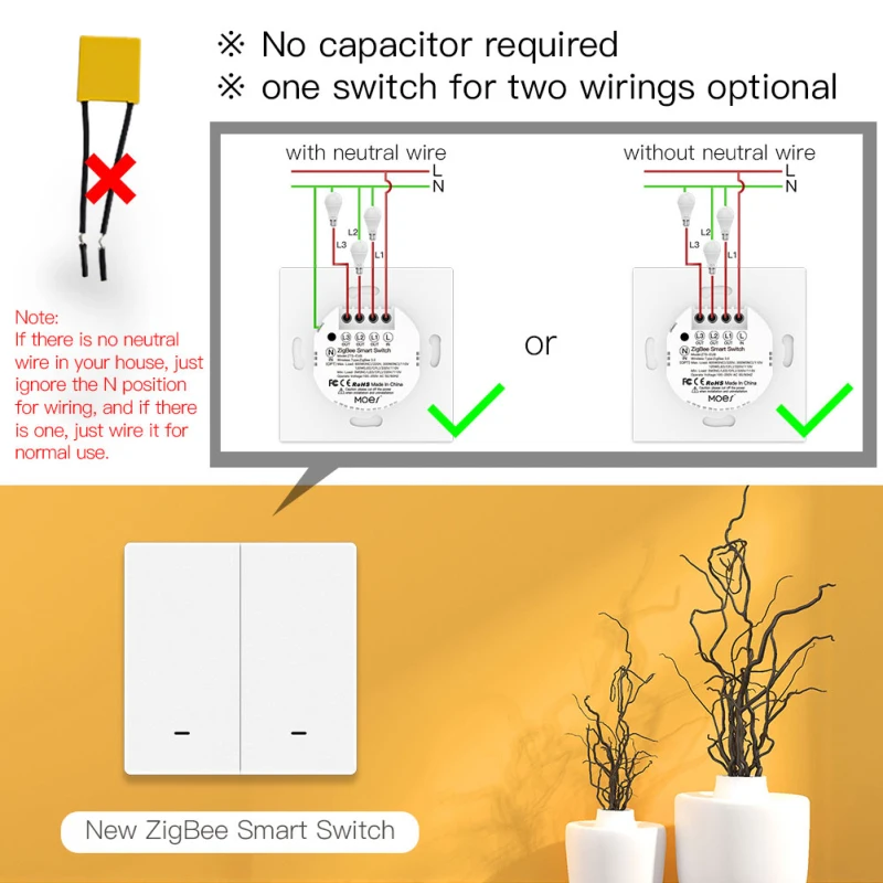 Tuya ZigBee Smart Light Switch With/without Neutral Wire No Capacitor Needed Smart Life 2/3 Way Works With Alexa Google 2mqtt