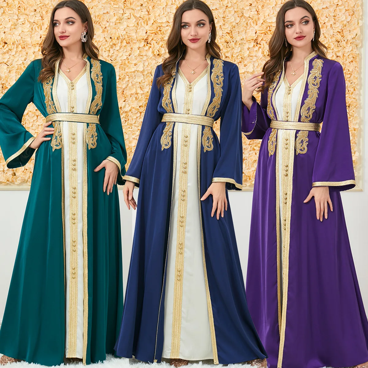 

Middle East Abaya Turkish Dubai Saudi Arabian Robe Muslim Fashion Women's Beaded Embroidery Two Piece Set Bubble Sleeve Dress