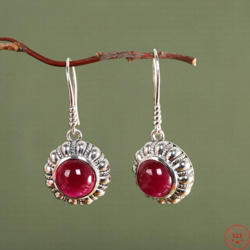 

S925 Sterling Silver Charms Drop Earrings for Women New Fashion Hollow Pattern Red Corundum Ear-drops Jewelry Free Shipping