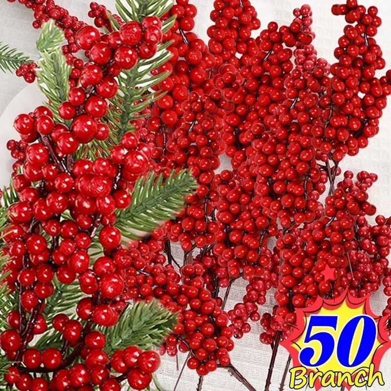 Christmas Artificial Red Berries Branch Fake Plants Flowers Holly Berry Stamen Wreath Ornaments for Xmas Tree Party Home Decor