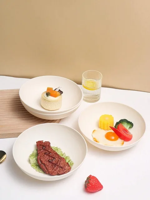 4/8/12pcs Plastic beige large bowl, large salad cereal bowl reusable, microwave and dishwasher safe 3