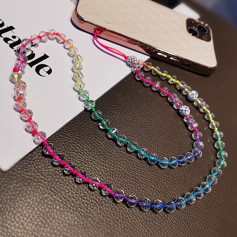 Long Crystal Beads Hanging Neck Chain Hand-woven Beaded Womens Colorful Rope Phone Case Anti-lost Lanyard Mobile Pho
