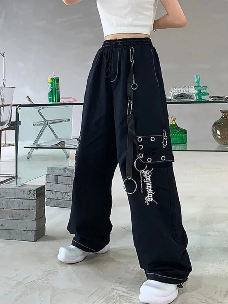 Pantalones de pierna ancha mujer, ropa de calle holgada, estilo Harajuku gótico, color negro y blanco, cargo a moda|Pants & Capris| - AliExpress