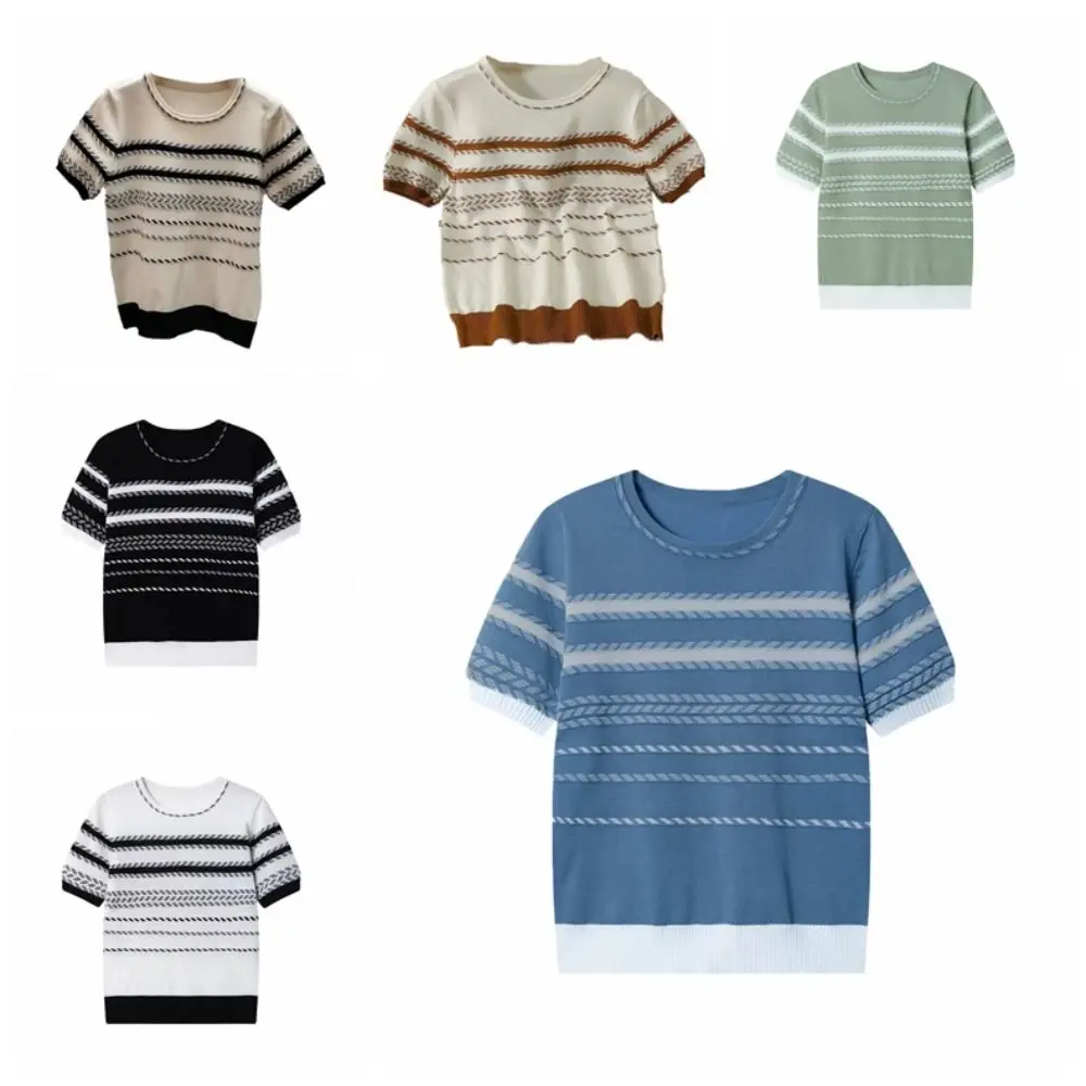 Fashion Ins Short Sleeve Crop Top Loose Summer Stripe Knitted T-shirt Female Clothing Bottoming Shirt Knitwear Women Summer