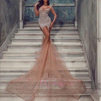Customized Amazing Long Mermaid Sexy Long Tulle Mermaid Sequined Long Sleeves Prom Dress With Train