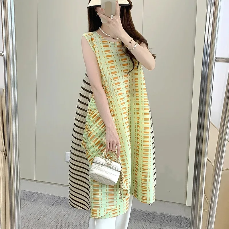 

Женское платье-майка без рукавов, свободная длинная футболка в полоску, лето 2024