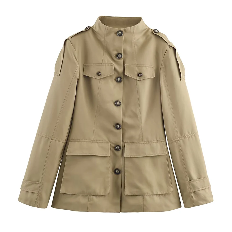 Vintage Women's Khaki Stand Collar Jackets Slim Waist Single Breasted Pockets Full Sleeve Coats 2025 Autumn Lady Commute Outwear