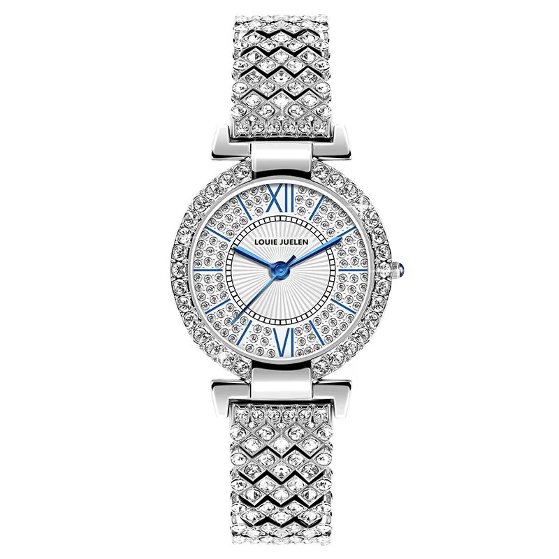 Luxury Women Watch Sky Star Set with Diamond Shells Blue Dots Printed on White Face Diamond-set Steel Strip Women Quartz Watch