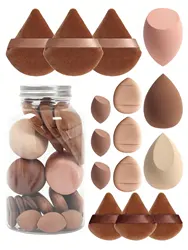 15-Piece Makeup Sponge Set with Storage Jar - Beauty Blender and Powder Puff Collection (15FP-brown)