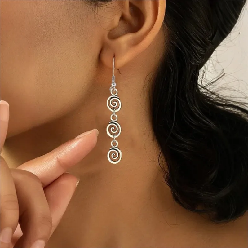 1 Pair Retro Spiral Swirl Dangle Earrings for Women Vintage Silver Color Minimalist Creative Earrings Party Jewelry Gifts