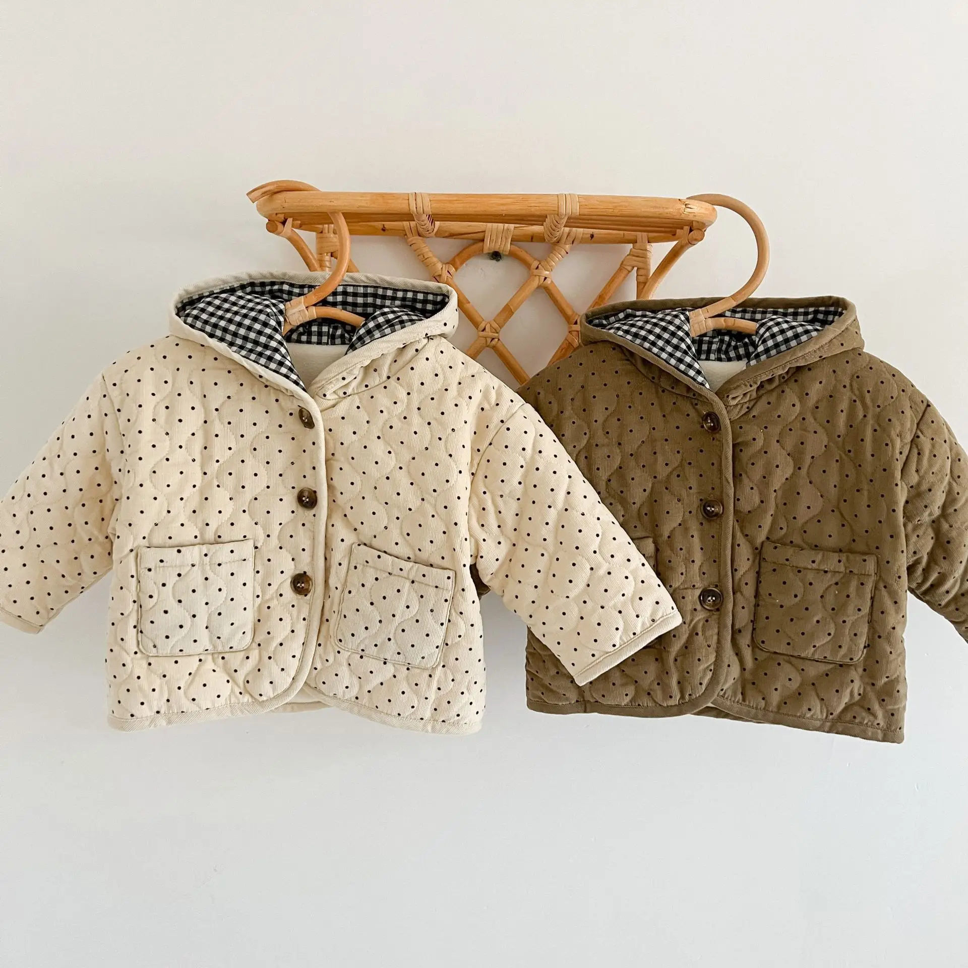 Winter New Baby Corduroy Warm Coat Long Sleeve Infant Padded Jacket Plus Velvet Thick Girls Boys Dot Print Hooded Coat