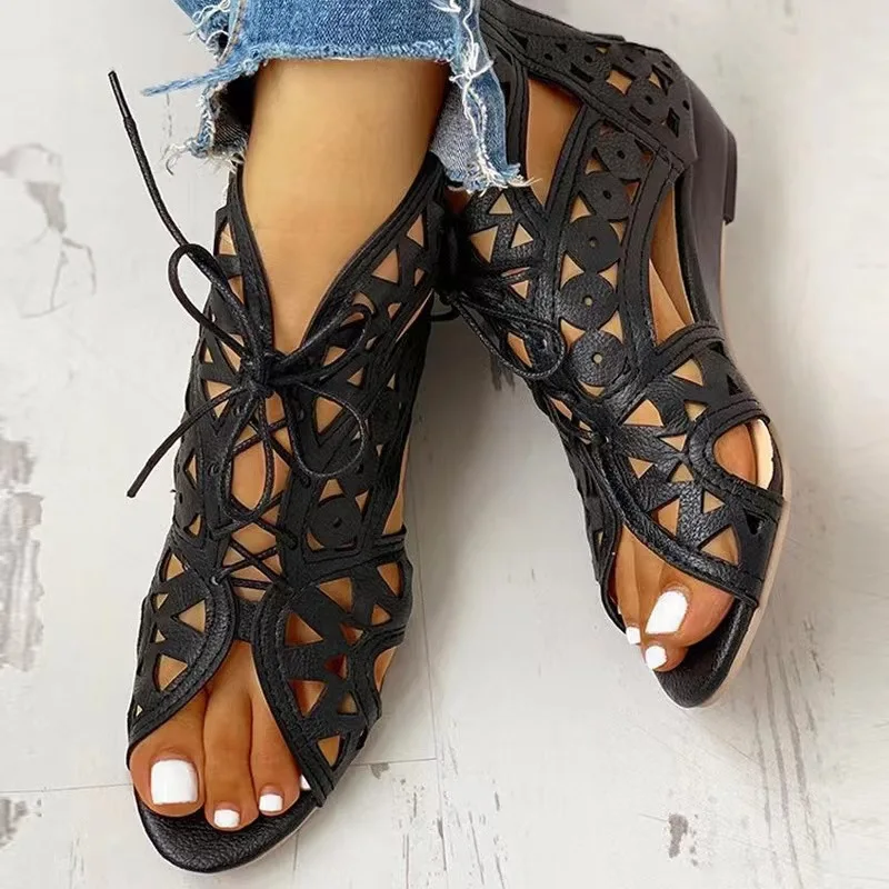 Women Sandals ENMAYER Fashion Cut-outs Lace Up Sandals Open Toe Low Wedges Bohemian Summer Beach Woman