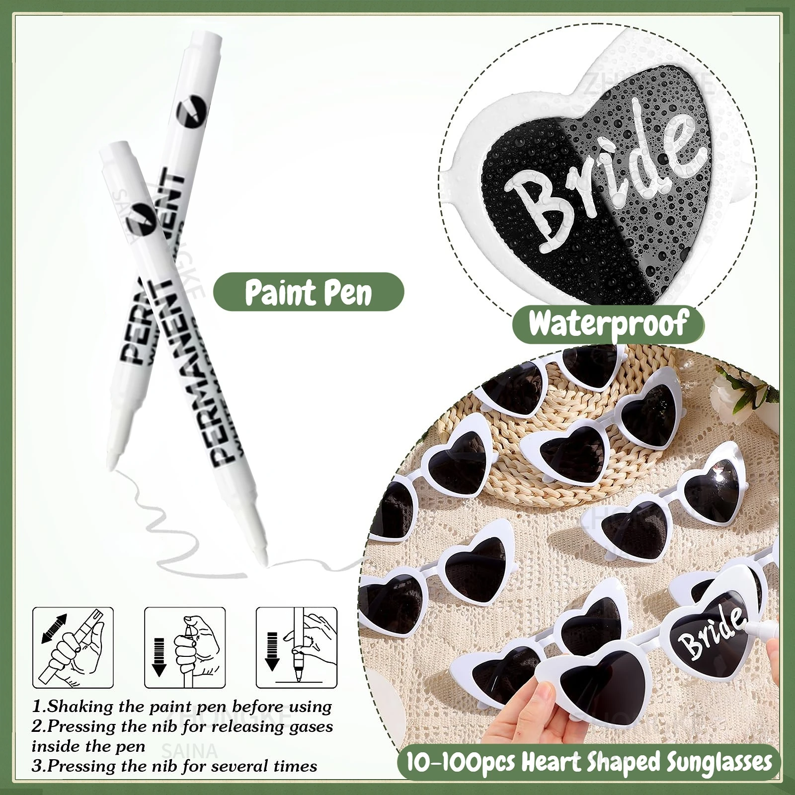 100-10Pcs DIY 웨딩 선글라스 펜으로 개인화 된 하트 선글라스 독신 파티 안경 손님을위한 신부 들러리 선물