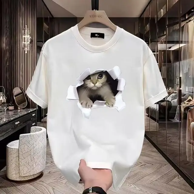 

Trendy brand 100 pure cotton cute cat print round neck short-sleeved large size couple men and women half-sleeved trendy top y2k
