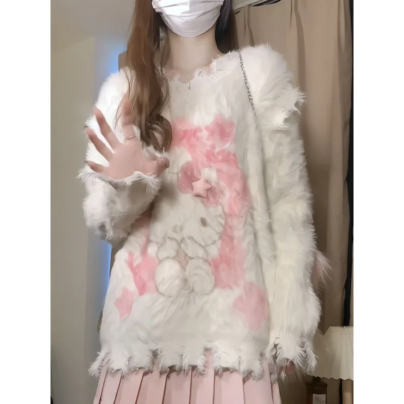 

Kawaii Sanrio Anime Hello Kitty Acrylic Fibers Sweater Cute Cartoon Sweet Heavyweight Retro Lovely Irregular Design for Girls