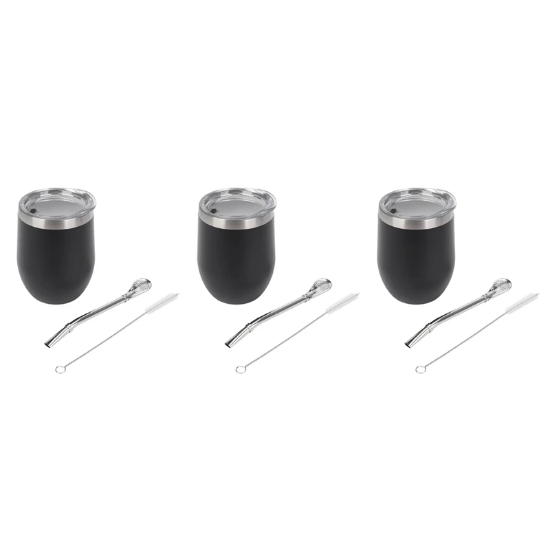 

3X Double-Wall Stainless Yerba Gourd Mate Tea Set Water Mate Tea Cup With Lid Spoon Straw Bombilla Head Filter Brush