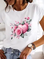 T-shirt graphique à manches courtes et col rond pour femmes, haut décontracté, t-shirts College, vêtements pour femmes, mode douce, fleur, années 90 1