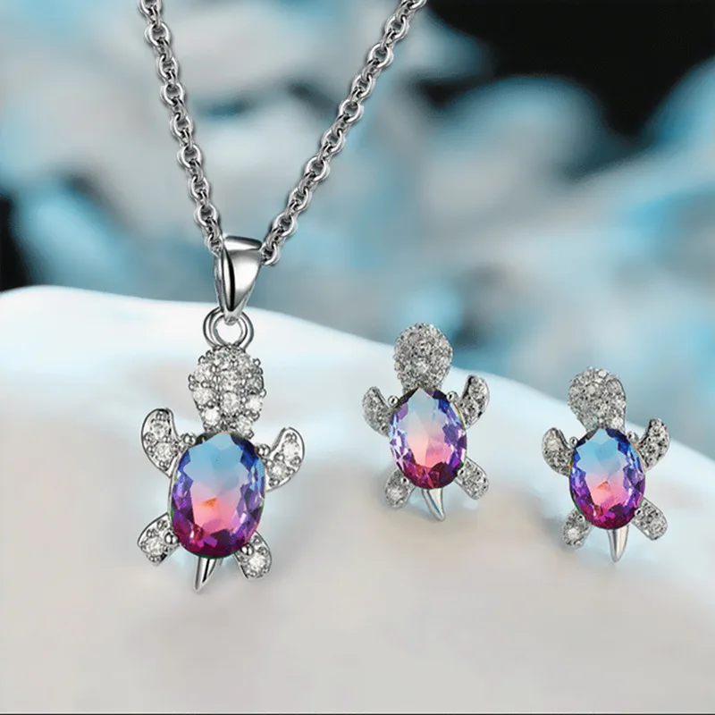 色とりどりの石,タートルネックレス,イヤリングのセット14k,プラチナ 